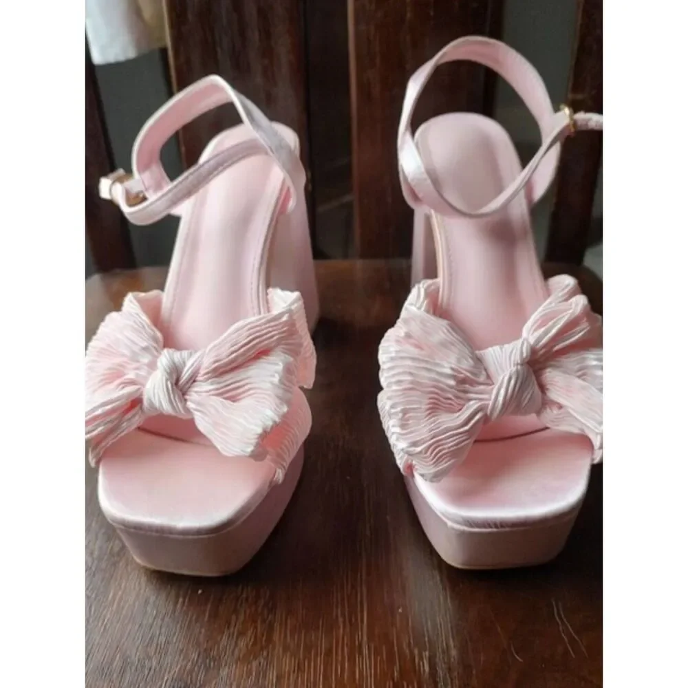 Baby Pink Platform Bow Stappy Block Heel Open Square Toe Size 8.5